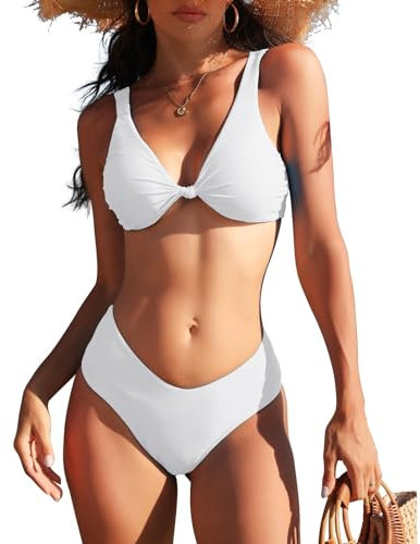 Durio Bikini Damen Set Sexy Knot Triangel Breites Unterbrustband V Ausschnitt Bademode Zweiteiliger Badeanzug Weiß XL