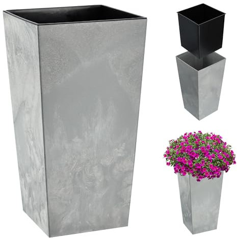 KADAX Pflanzkübel mit Innentopf, Höhe 68cm, Beton grau – Wetterfester Blumentopf für Innen & Außen, ideal für Garten, Balkon & Terrasse, zum Bepflanzen, Dekorieren und als stilvoller Übertopf