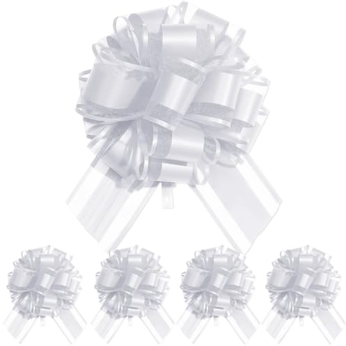 NECXON 5 Pezzi di Fiocchi da Tirare, Fiocchi Grandi per Confezioni Regalo, Nastri per Auto da Matrimonio, Fiocchi Bianchi per Confezioni Regalo, Decorazioni per Matrimoni (18 cm/7,1 Pollici)