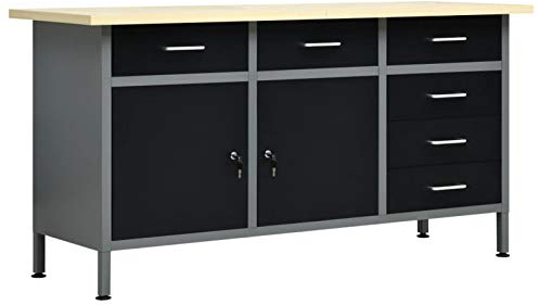 IKAYAA Banco de Trabajo de Acero 124x52x83cm, con 6 Cajones y 2 Compartimento con Cerradura, Mesa de Trabajo Taller, Banco de Trabajo Taller, Mesa Trabajo, Banco de Carpintero, Banco Herramientas