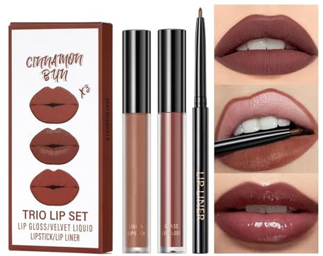 3 Stück Matt Lippenstift Lipgloss Lipliner Langanhaltender Hochpigmentiert Wasserfester Nude Lippenstift 24 Stunden Halt (#02, SET)