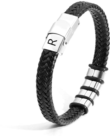 SAMINO Cuero Negro 26 Pulseras de Acero Inoxidable de Primera Letras Para Hombres Pulseras Colgantes de Letra A - Z Tejidas Pulseras Regalos Para Marido Padre Hijo Novio Tío (R)