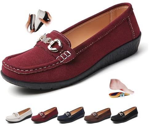ZPLMIDE Chaussures orthopédiques pour femme en daim en cuir, mocassins rétro, mocassins de conduite, confort, à enfiler, bateau, talons compensés à la mode, bordeaux, 43 EU