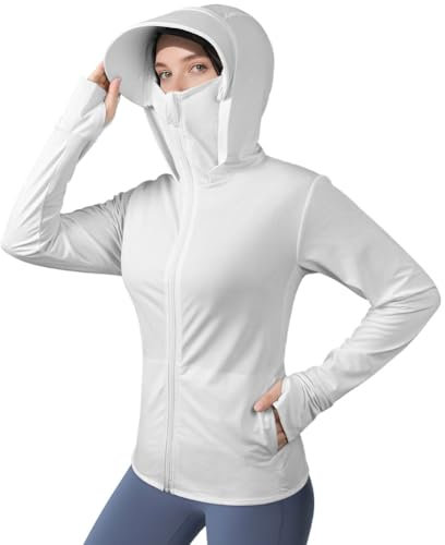 AUYAO UPF50+ Veste à Capuche Femme, Vestes de Sport Protection Solaire Respirant avec Poches, Sweat a Capuche Manches Longues, Chemise Anti UV Ete Femme Homme pour Running, Jogging, Baignade(M-L)