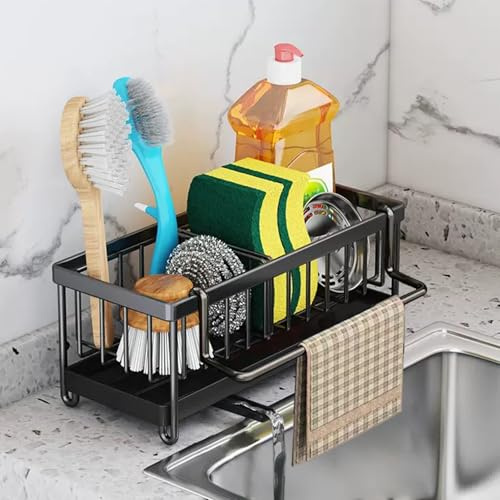 Koolkasa Kitchen Sink Organiser with Self-Draining Tray and Dishcloth Hanger, Metal Sink Tidy Caddy for Countertop Kitchen Storage & Organisation（Black）