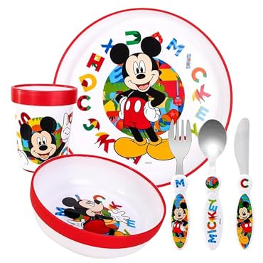 Mickey Mouse Kids 6 Piece Reusable Dinner Set - Cup, Bowl, Plate & Cutlery | Lightweight & Kid-Friendly Dinnerware Set Includes Knife, Fork & Spoon, Toddler Plastic Tableware Set | Easy to Hold Design