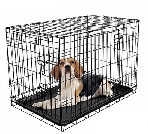Pets Crate Large 91cm Cage with 2 Doors Dual Access Easy Clean Removable Plastic Tray Folding Metal Training Dog Crate Large Size 36 inch Sliding Locks Ideal for Travel