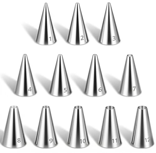 12 Pcs Frosting Tips Round Piping Tips Set, Stainless Steel Icing Tip for Decorating Cupcake Nozzles Small Cake Piping Tip Cake Writing Icing Pastry Dispensers Supplies for Baking Cookies Puff Cream