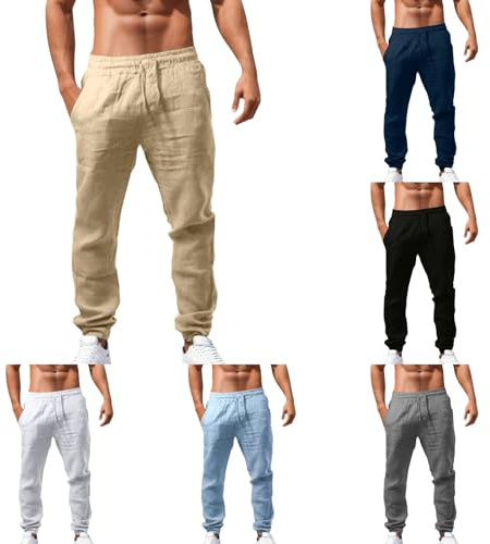 Pantalones ligeros de algodón y lino para hombre, pantalones de verano con cintura elástica, pantalones rectos transpirables, pantalones de playa de color sólido, pantalones casuales clásicos y