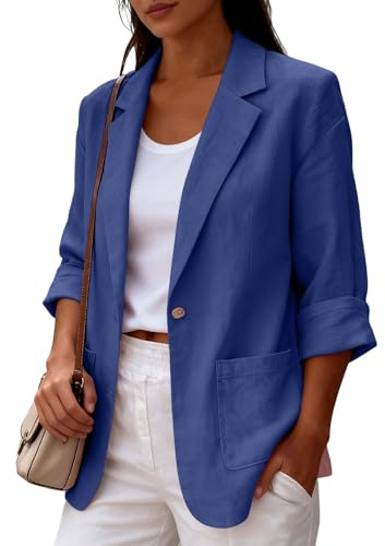 Camicia Lino Donna Maniche 3/4 Blazer Estiva Elegante Giacca da Donna con Collo a Risvolto Camicie Blusa con Bottoni e Tasche Laterali Camicetta da Spiaggia Leggera Comode Lavoro Feste Ufficio Viaggi