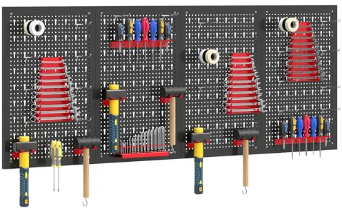 HOMCOM 4 Paneles de Herramientas de Pared, 38 Piezas, cada panel 60x40 cm, Organizador de Herramientas de Pared con Ganchos y Estantes, para Garajes y Bricolaje, Negro y Rojo