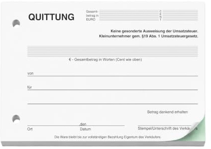 5x Quittungsblock Kleinunternehmer §19, DIN A6, 2x50 Blatt, SD, gelocht
