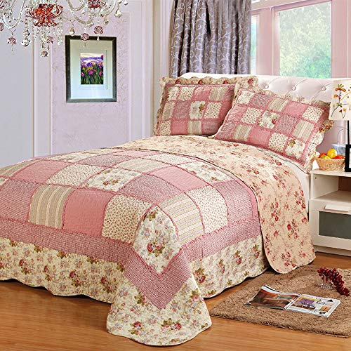 KJHG Dessus De Lit Matelassé 2 Personnes Boutis Couvre Lit Matelassé De Luxe Coton Patchwork, Couverture Courtepointe Boutis avec 2 Taies d'oreiller Parure De Lit,A-230X250CM