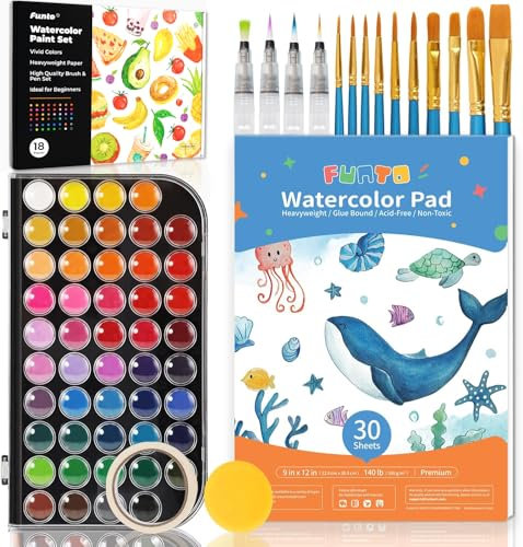 Funto Aquarellfarben Set, 48 Farben, 10 Pinsel, 4 nachfüllbare Wasserpinsel, 30 Seiten Block, A4(22,9×30,5cm), Abdeckband, Schwamm, Palette, Malset für Kinder, Erwachsene, Anfänger