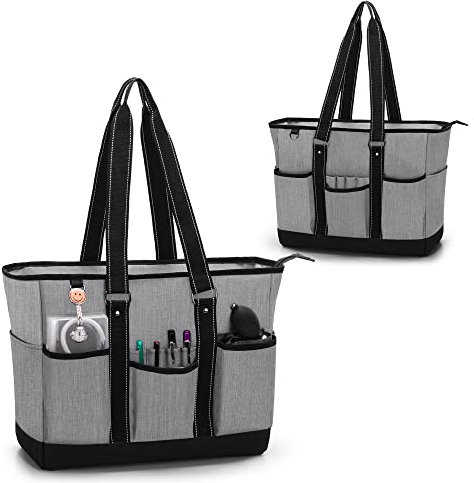 Damero Borsa tote da infermiera con organizer per inserti, borsa per forniture mediche con custodia per laptop per lavoro, borsa per infermieri a casa, Grigio, L, Stile 2-Grigio