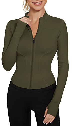 LUYAA Veste d'entraînement légère à fermeture éclair pour femme - Coupe ajustée, vert militaire, Small