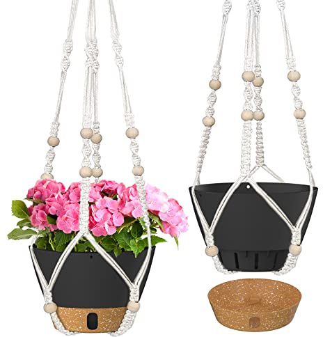 ZMTECH 25 cm Makramee Hängeampel für Innen- und Außenpflanzen Selbstbewässerung Hängeampel mit Korb Blumentopf mit Abflussloch und sichtbarem Wasserstand Pflanztopf Untersetzer (Schwarz, 2er-Set)