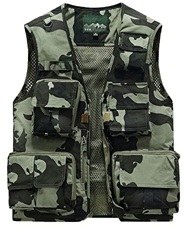 YOUCAI Chaleco de Hombre Exterior Multibolsillos Chaleco de Pesca Primavera Y Verano Chaleco de Trabajo Chaqueta Casual Sin Mangas para Fotografía Senderismo Camping,Camuflaje caqui,XXL