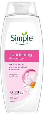 Simple Kind to Skin Nourishing Shower Gel with Vitamins E and Chamomile Oil for Sensitive Skin Care, 450 ml