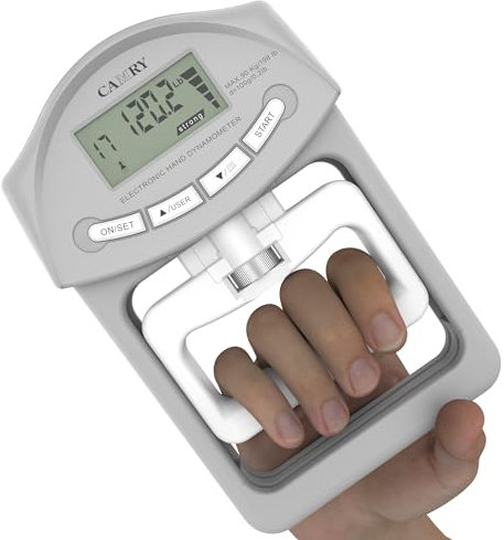 CAMRY Dinamómetro Digital de Mano, Medidor de Fuerza de Agarre, 198 Libras / 90 Kilogramos, Captura Automática de la Potencia de Agarre Electrónico, Gris y Blanco