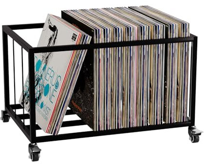 mosegor Vinyl Schallplattenhalter mit Feststellbaren Rollen, Beweglich Vinyl Record Lagerung, Albumhalter Display Ständer, für bis zu 100 LP, Vinyl Schallplatten Organizer mit Stabile Metallstruktur