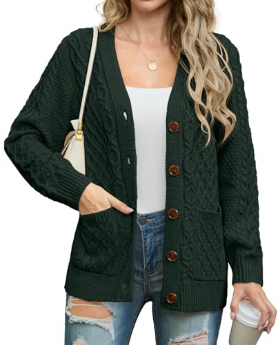 GRECERELLE Womens Cardigans Knit Aran Cable Long Sleeve Button Down Oversized Ladies Jumper Cardigan Knitwear with Pockets for Winter Fall Spring
