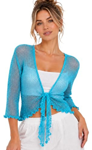 janisramone® Bolero para mujer, punto fino doble de manga 3/4, lazo frontal, cárdigan tipo bolero para mujer, cárdigan corto elástico, ligero de verano, tops de noche para mujer, turquesa, Altoa única