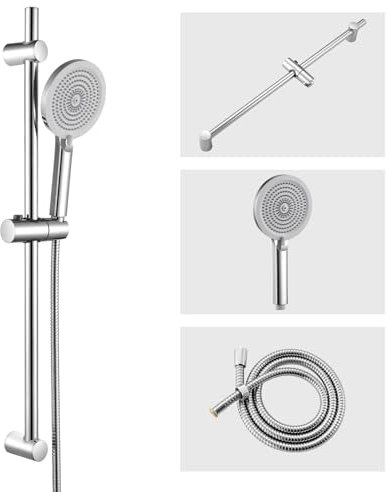 Auralum Asta Doccia con Soffione,Set Doccia con Asta Doccia Saliscendi in acciaio inox(70cm),Inox Tubo Flessibile (150cm) e Soffione (4 Funzioni,12.7cm) con Supporto,Cromato