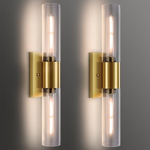 21 Gold Wall Sconces Set of Two, 2-Light Bathroom Sconces Vanity Light Tube Sconce, Clear Glass Indoor Hardwired Mounted Wall Lighting for Living Room,Bedroom,Hallway-Gold Clear (Bulb Not Included)