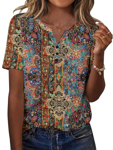 Zeagoo Camisetas Manga Corta Mujer Verano Cuello V Blusas Túnica T-Shirt | Moda Casual Basicas Camisa Elegante Ligero Elástica Tops S-XXL
