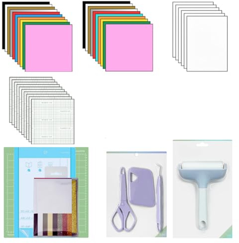 Paquete Accesorios 82 Piezas Para Cricut Maker Y Explore Air (Vinilo Adhesivo Cinta De Transferencia De Vinilo Htv Pegatinas Imprimibles Tarjetas Insertables Regla Tapete Corte Rodillo Fragmento)