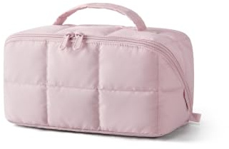 BAGSMART Travel Makeup Bag, Flat Lay Make up Bags for Women | Quilted Cosmetic Organiser, Large Opening Travel-Size Toiletries Case with Handle, Baby Pink