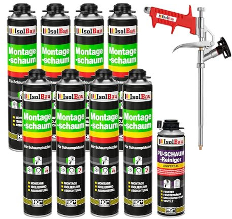 Isolbau Bauschaum-Set - Inkl. 8 x 1K Montageschaum B2 Pistolenschaum mit hervorragender Schall und Wärmedämmung (je 750 ml), 1 x PU-Schaum-Reiniger (500 ml) & 1 x Schaumpistole, Dämmen
