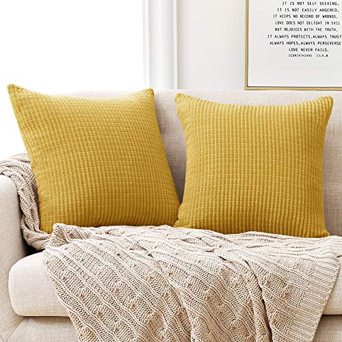 Deconovo Set of 2 Super Soft Corduroy Cushion Covers, 45cm x 45cm, 18x18 Inches Grid, Solid Pillowcases, Throw Pillow Cases for Sofa & Bedroom (Mustard, 2 Pieces)