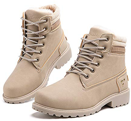 Hitmars Botte Femme Hiver Fourrure Chaussures de Hiver Doublure Chaude PU Vamp Bottine Neige Classiques a Lacet Plates 3.2 CM3 Kaki Taille 39 EU