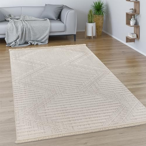 Paco Home Teppich Wohnzimmer Schlafzimmer Geometrisches Ethno Design Rauten Motiv Fransen Moderner Style, Grösse:80x150 cm, Farbe:Creme 6