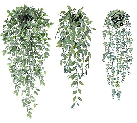Deruxan Künstliche Hängepflanzen im Topf Kunstpflanze Hängend Künstliche Topfpflanze Hängend mit Topf Grünpflanzen Plastikpflanzen für Home Hängekorb Wanddekoration (3 Stück Grün)