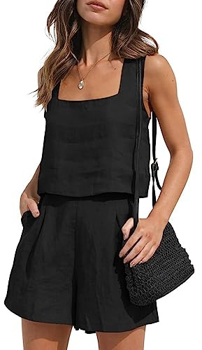 RPAEOY Conjunto Deportivo Mujer De Lino 2 Piezas Cuello Cuadrado Sin Mangas Pantalones Cortos y Crop Top Casual Lounge Ropa Verano para Hogar Calle Viaje Vacación Negro S