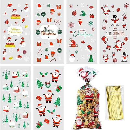 150 st julcellofanpåsar, kakpåsar transparent, jul godispåsar, cellofanpåsar små med 180 stycken slipsar, för sötsaker, choklad, bröd, kakor (6 stilar)