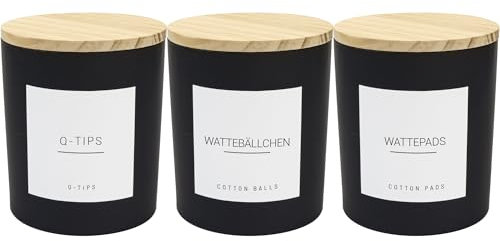 Ezebesta 3PCS 400ml Moderne schwarze Badezimmer-Kanister mit 12 Etiketten Hölzerner Deckel Dickes Glasgefäß Set Wattestäbchenhalter für Wattebausch Wattepads Aufbewahrungsorganisation