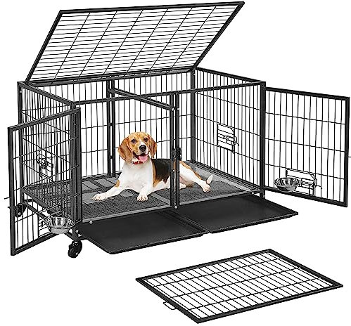 Yaheetech Stackable Dog Crate 43'' Heavy Duty Large Dog Cage w/Divider/Open Top/Bowls/Pull-out Trays/Wheels for Small&Medium Dogs, Black