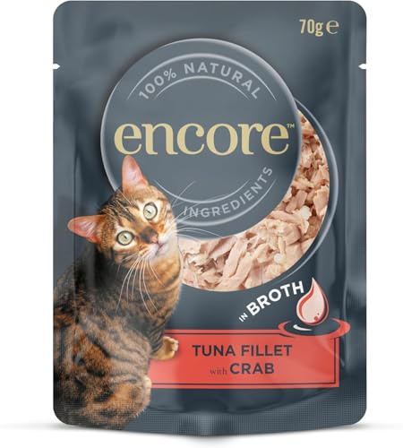 Encore Comida Húmeda para Gatos 100% Natural, Delicioso Atún con Cangrejo del Pacífico en Caldo - Paquete de 16 Bolsitas de 70 g