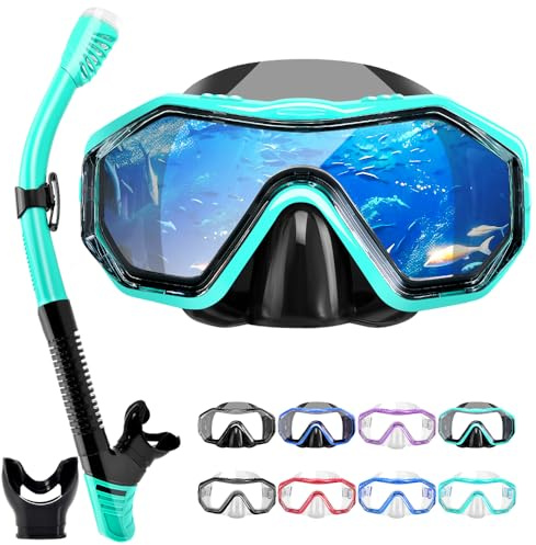 Tyuodna Kit de plongée pour adulte, panoramique HD à 180°, avec tuba, anti-fuite et anti-buée, kit de snorkeling sec, noir et vert