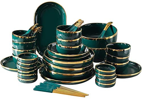 Juego de vajilla de gres esmaltado de estilo nórdico, juego de platos modernos de lujo, luz verde oscuro, juego combinado de platos llanos, servicio para 6-10