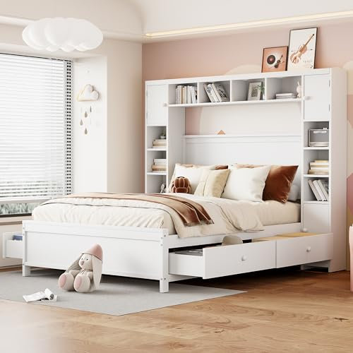 Merax Bett 140 x 200 cm mit großem Stauschrank, Stauraumbett aus Massivholz mit 4 Schubladen, Einzelbett für Kinder, Jugend Erwachsene, Weiß (Ohne Matratze)