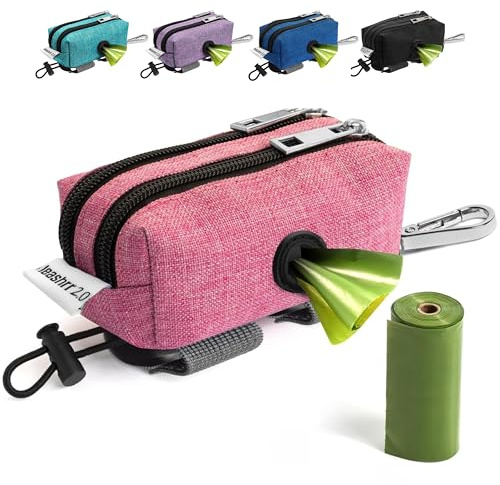 Dog Poop Bag Holder for Leashes - Dog Poop Bag Dispenser and Treat Holder with 2 Waterproof Pouches for Pet Waste Bags and Walking Accessories + 1 Free Roll - Leashrr 2.0 (Pink)