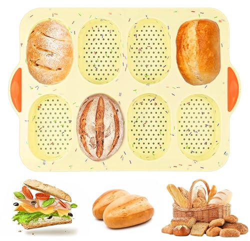 qhklew Backform Brötchen, Brötchen Backblech Baguette Form Silikon Brötchenblech, Mini Baguetteblech Brotbackform Gelocht Silikonform Brot Baguetteform für Muffins, Breadstick, Brötchen, Brot