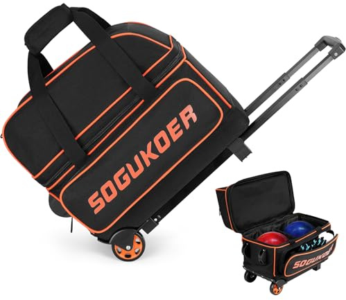 SOGUKOER Sac de bowling à 2 balles à roulettes, chariot léger à double boule bowling avec grand compartiment à chaussures séparé et compartiment à accessoires extra large, poignée rétractable s'étend