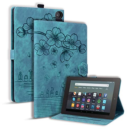 TEDTIKJT Tablet Cover per Amazon Fire HD 8 (10th/12th Gen 2020/2022/2024) 8 Pollici Custodia PU Pelle Libro con Supporto Funzione Protettiva Magnetica Tablet Cover,Gatto Sakura Verde