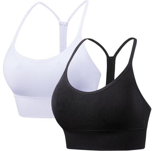 Shengxi Reggiseno Sportivo Donna, Reggiseno Sportivo imbottito a Strappy da Donna a Basso Impatto per Le Donne Y Racer Back Spaghetti Straps (IT, Testo, M, Regular, Regular, Nero e Bianco)